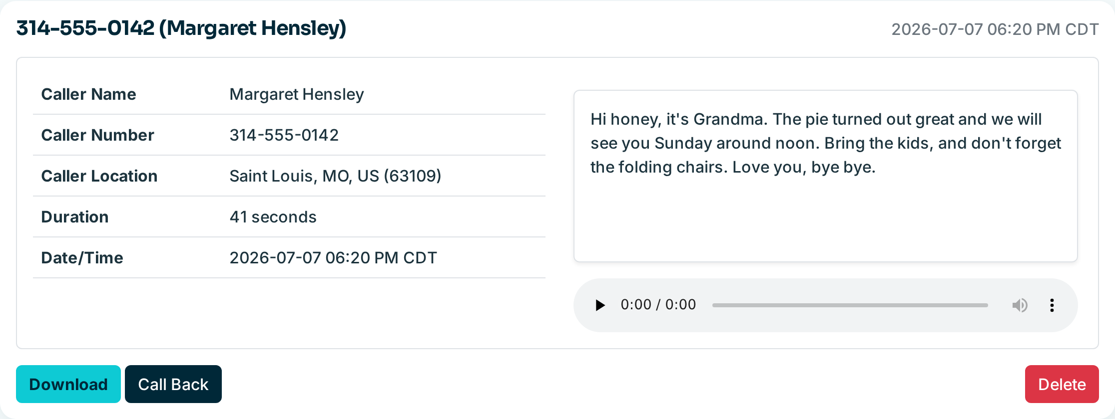 A voicemail in the Simple Voicemail web inbox showing caller details, a text transcript, and an audio player