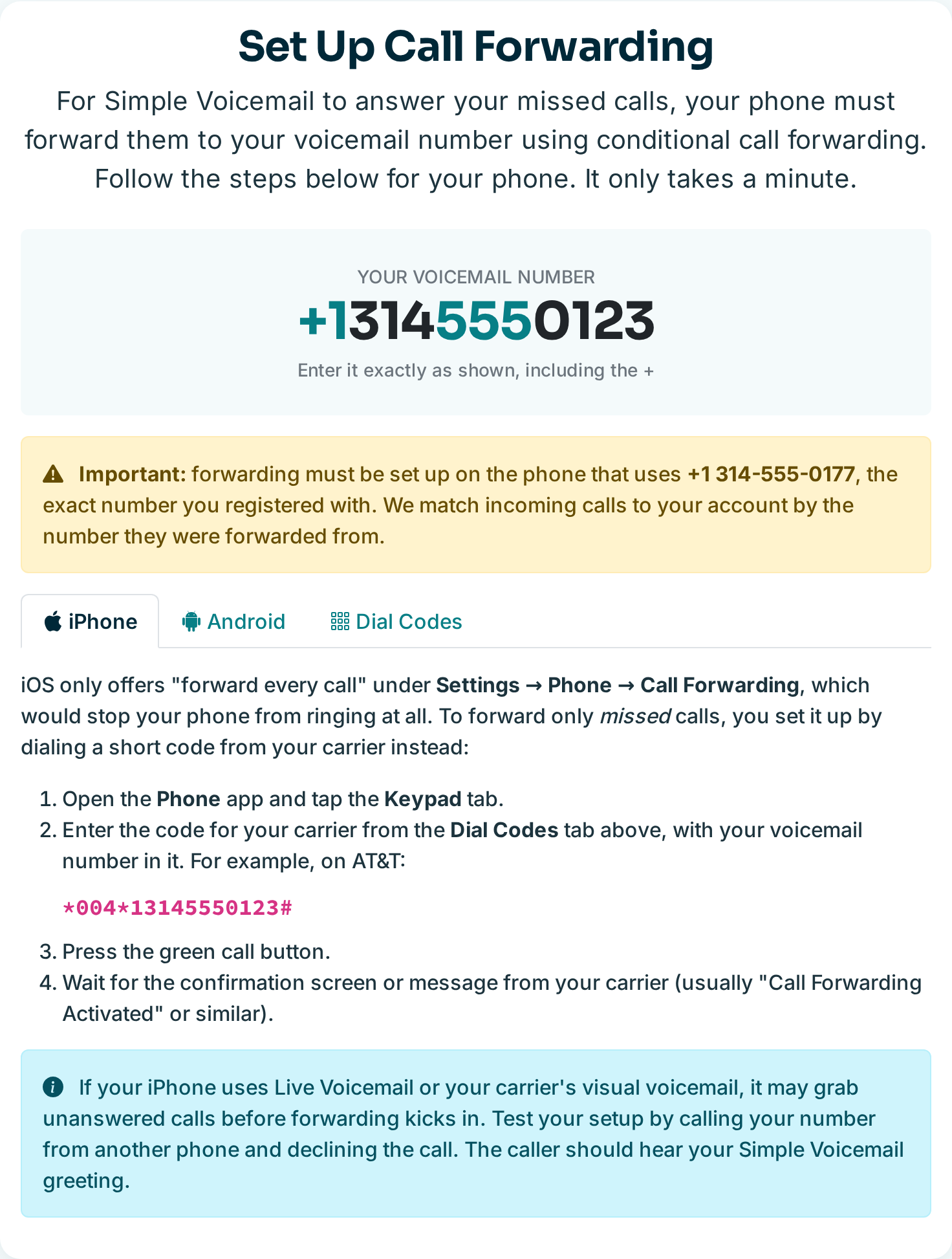 The Simple Voicemail setup guide showing step by step call forwarding instructions